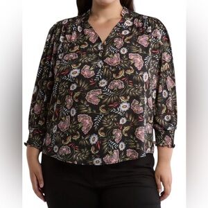 T Tahari Smocked Shoulder Floral Top